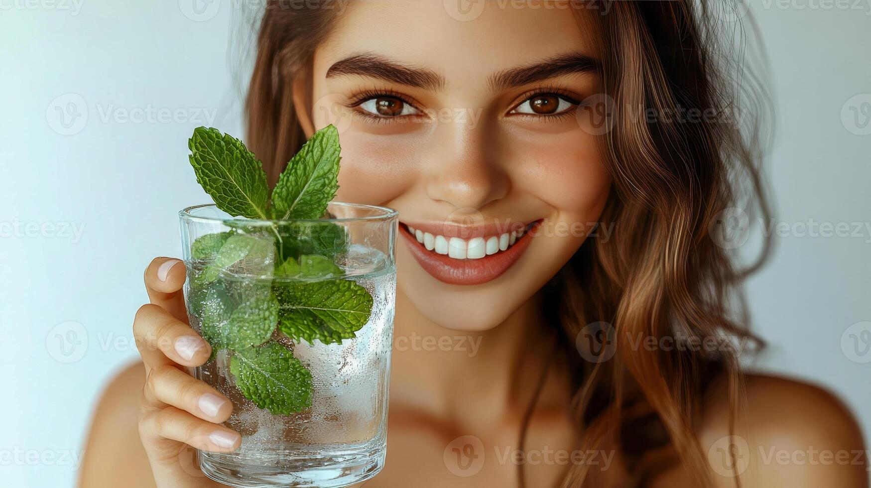 A young woman holds a clear glass of water with fresh mint leaves floating in it, a cooling drink in summer photo