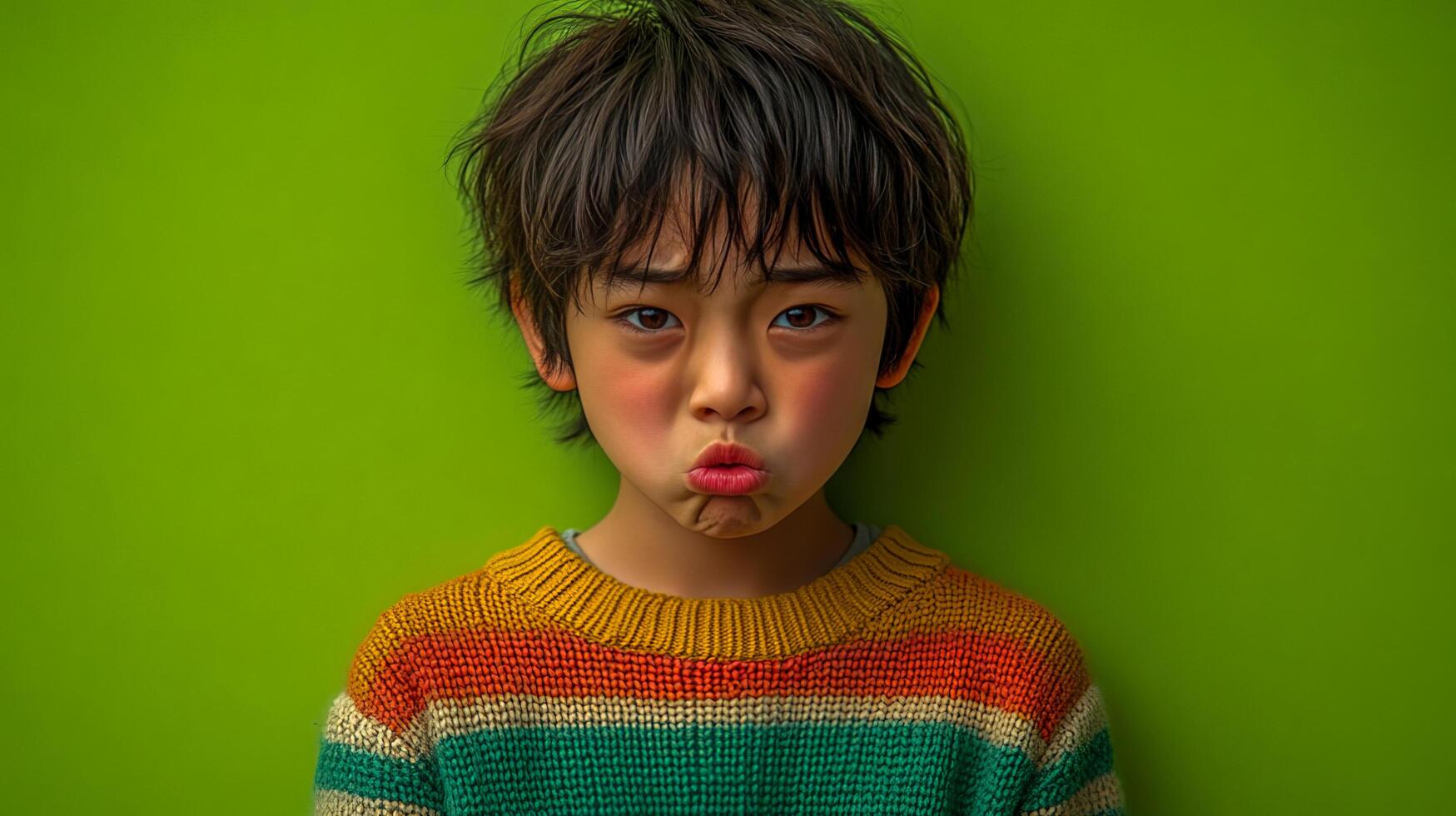 A distraught Asian boy in a striped sweater stands against a green background photo