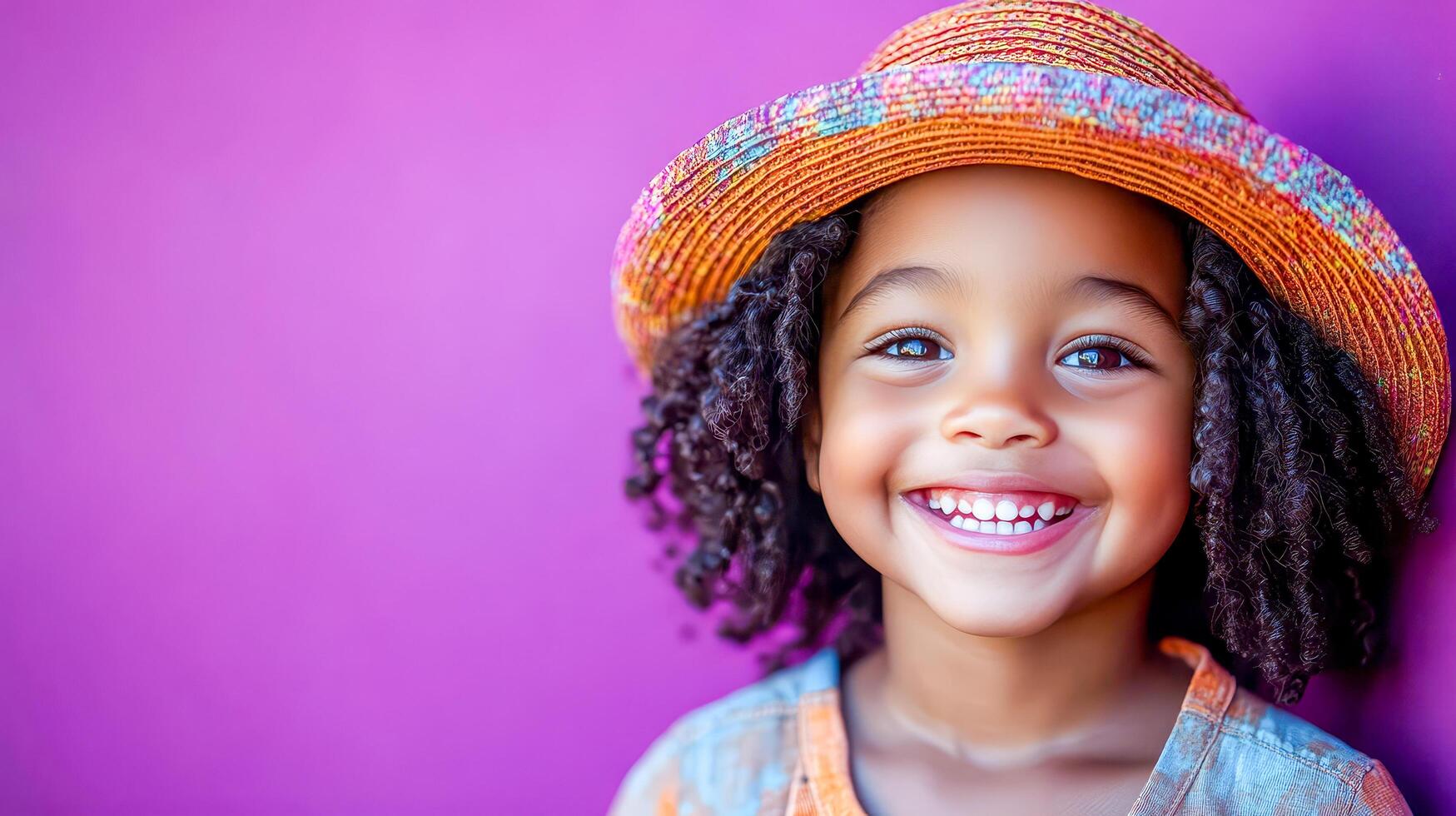 A smiling black child wearing a straw hat and casual clothes stands against a bright purple background photo