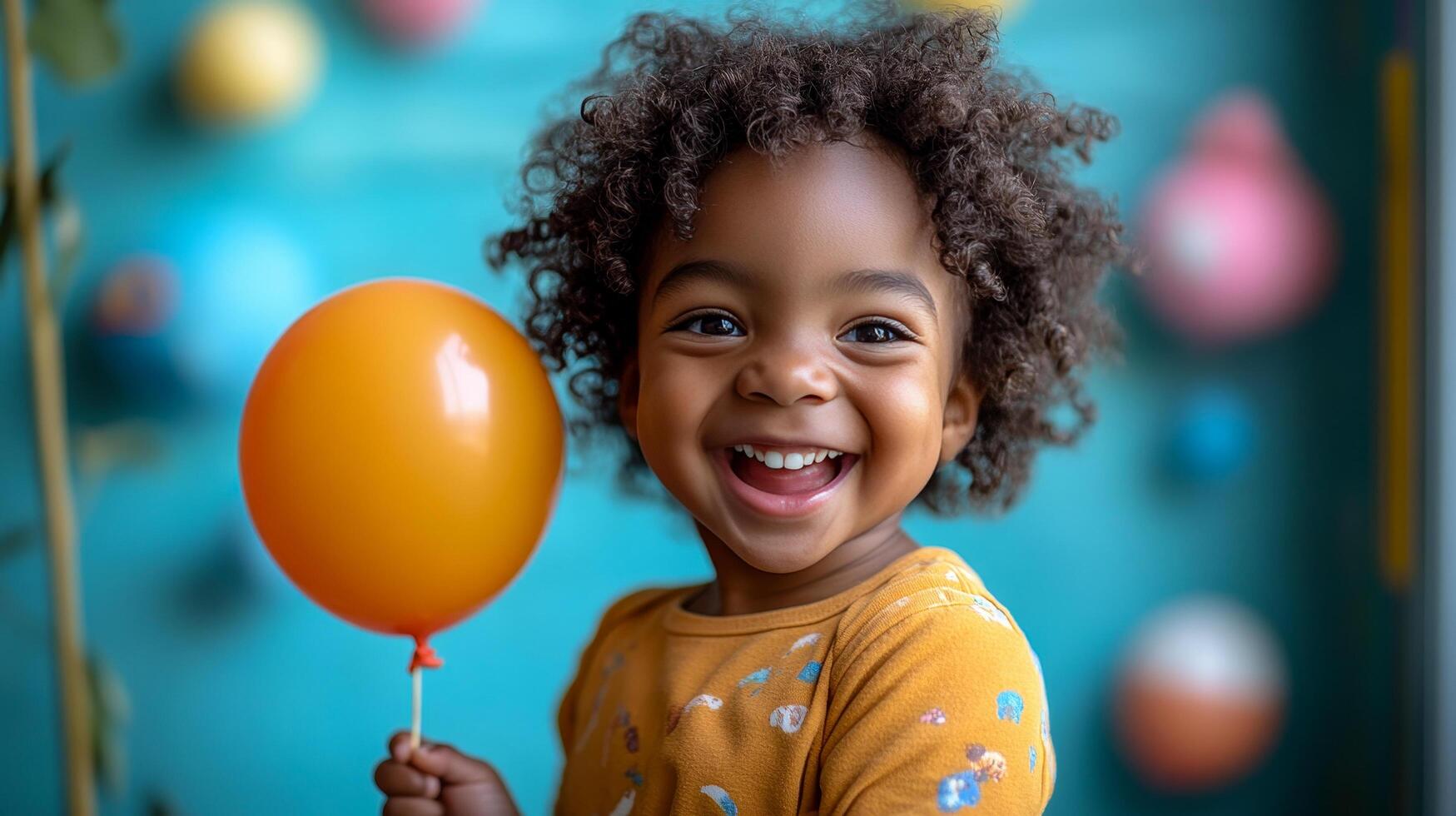 A happy black child with disheveled hair laughs while holding a balloon in his hands photo