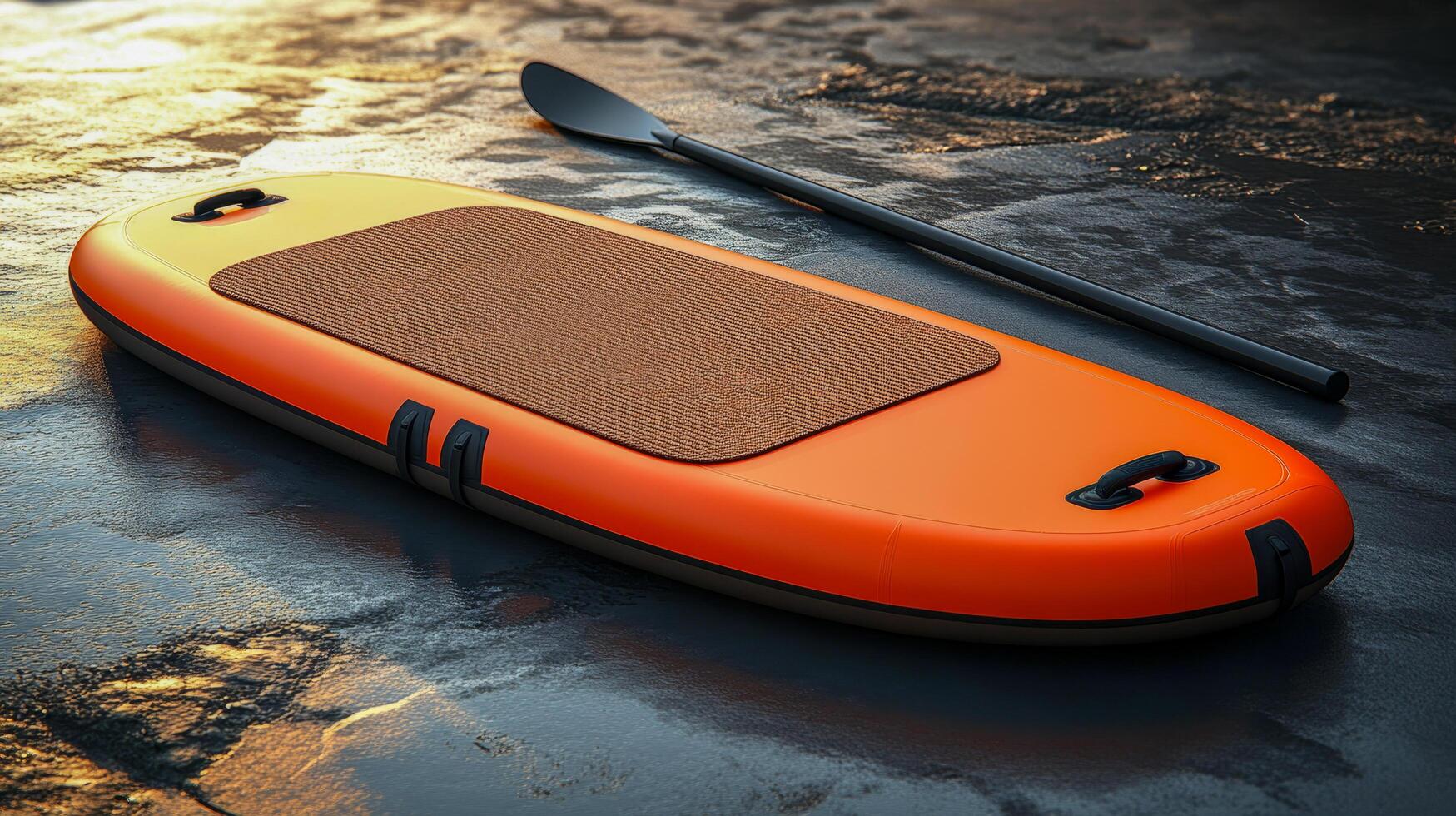 Compact inflatable SUP board in bright orange with paddle lies on the water for summer swims photo