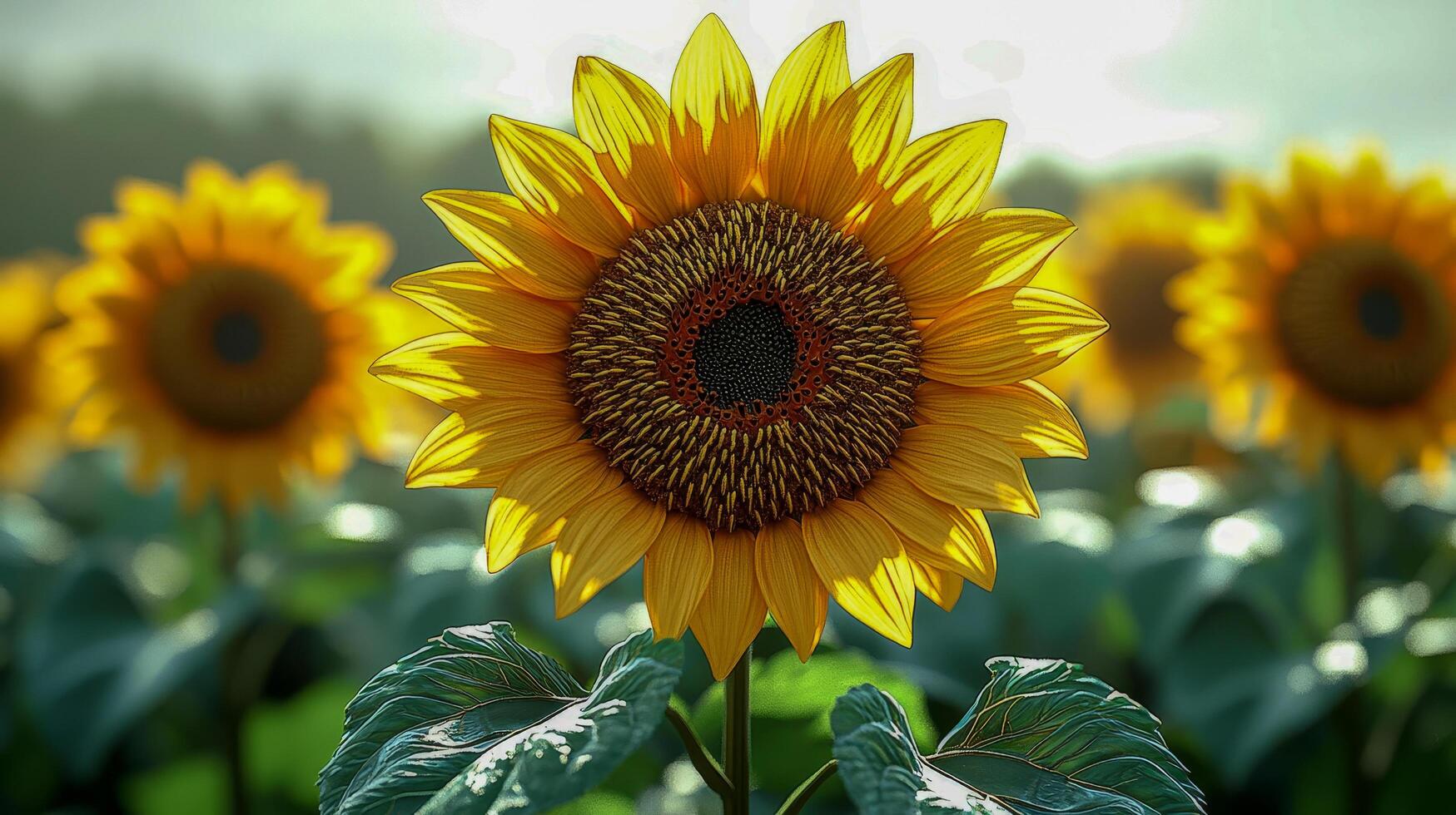 The yellow blossoming sunflowers in the plantation reach for the rays of the sun in summer photo