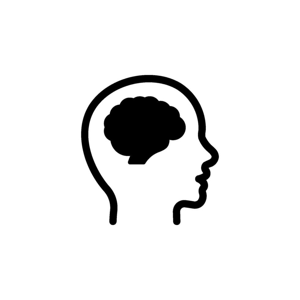 brain inside a human head icon. Represents intelligence, idea, thought, memory, and cognitive function. Simple black and white icon suitable for various design purposes. color editable vector