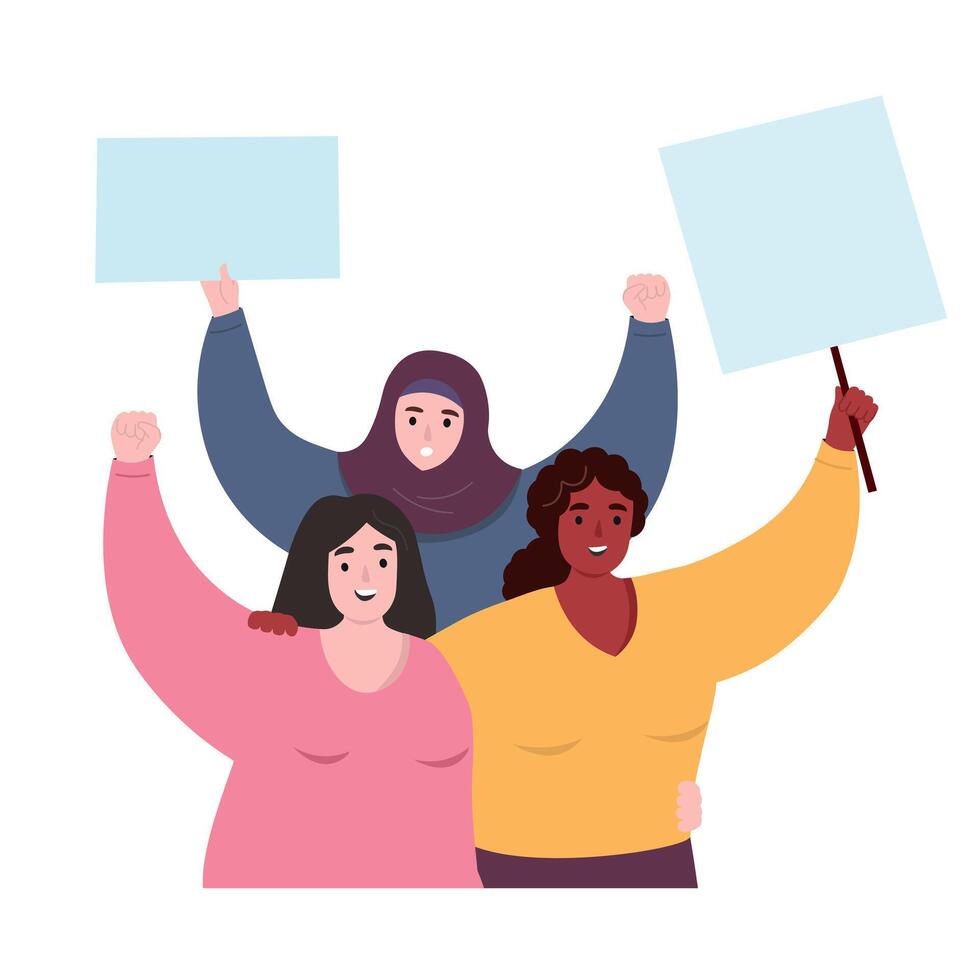Women of different nationalities fight for their rights, actively act together, support each other. flat graphics. vector