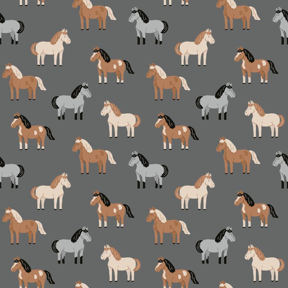 Seamless pattern with horses. Flat illustration on gray background vector