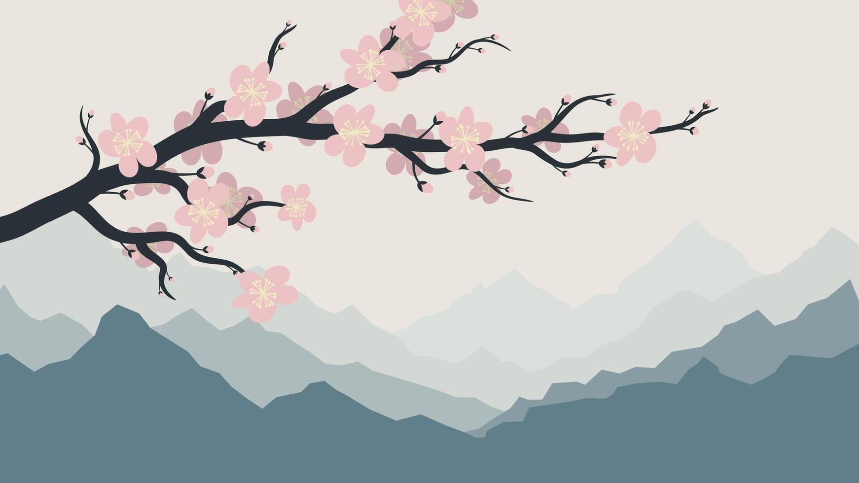 Cherry Blossom Branch with Mountains in the Background, Minimalist Asian Nature Illustration vector