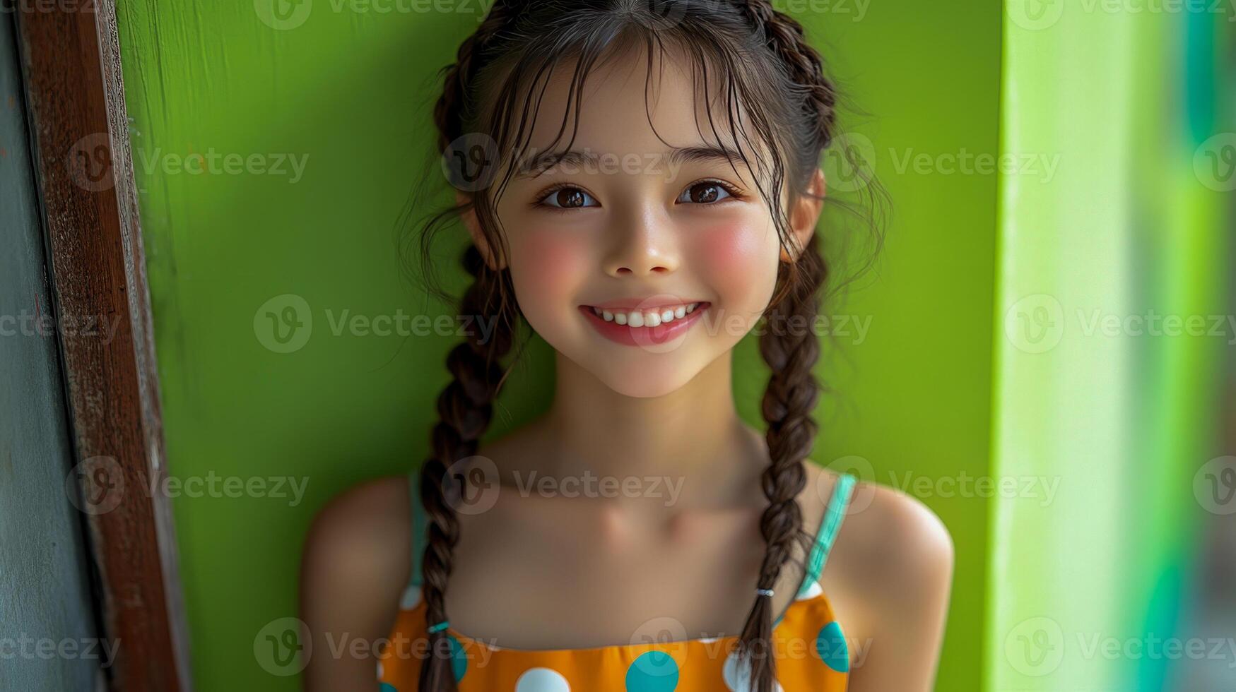 Smiling Asian looking girl with braided hair wearing a fun dress photo