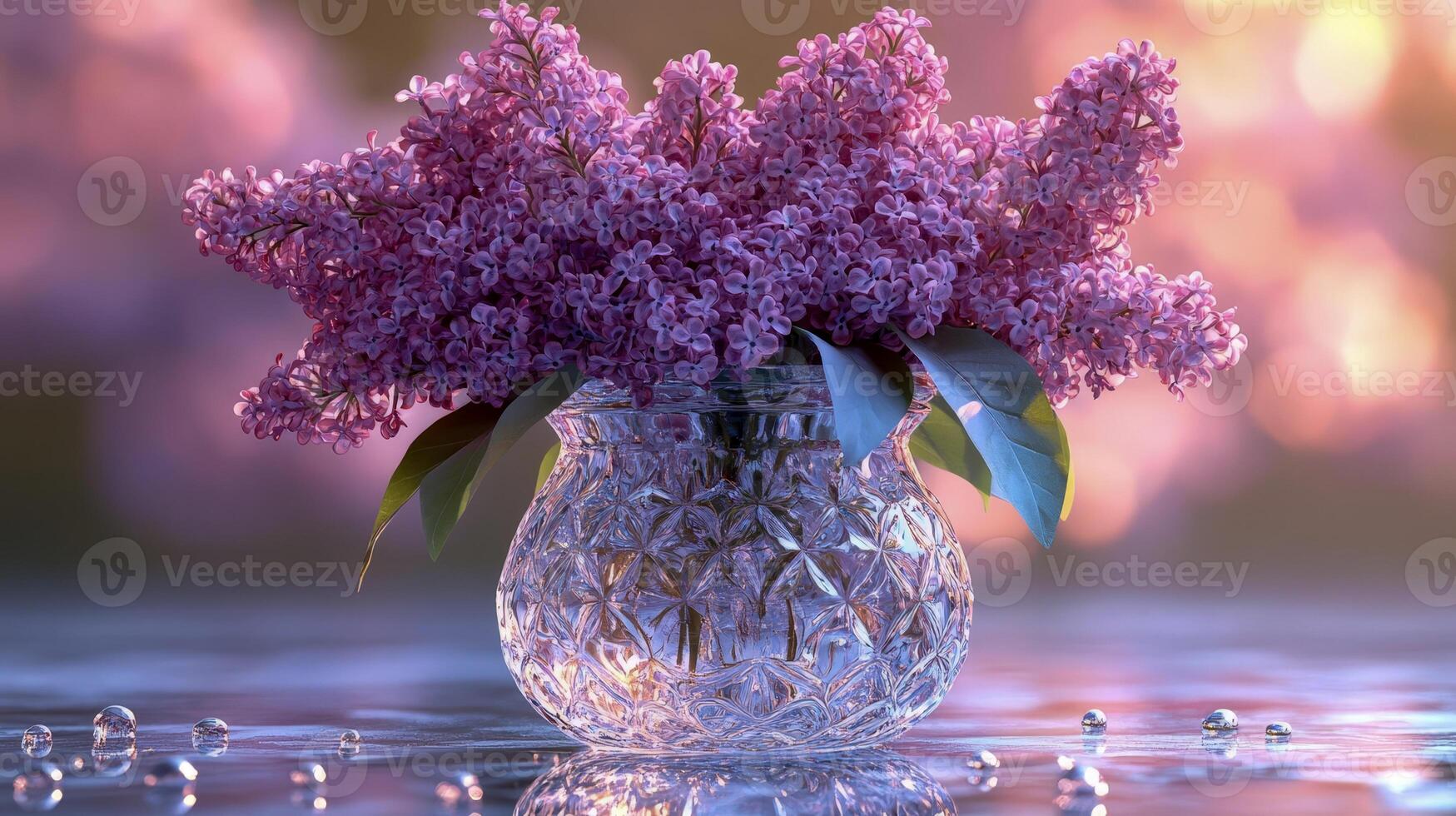 A clear crystal vase with water droplets holding a bouquet of blooming lilac flowers is isolated on a bright photo