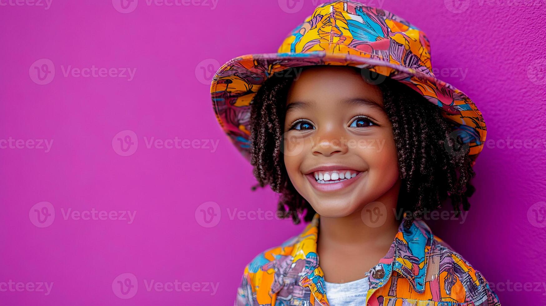 A smiling black child wearing a hat stands in a close-up against a bright background photo