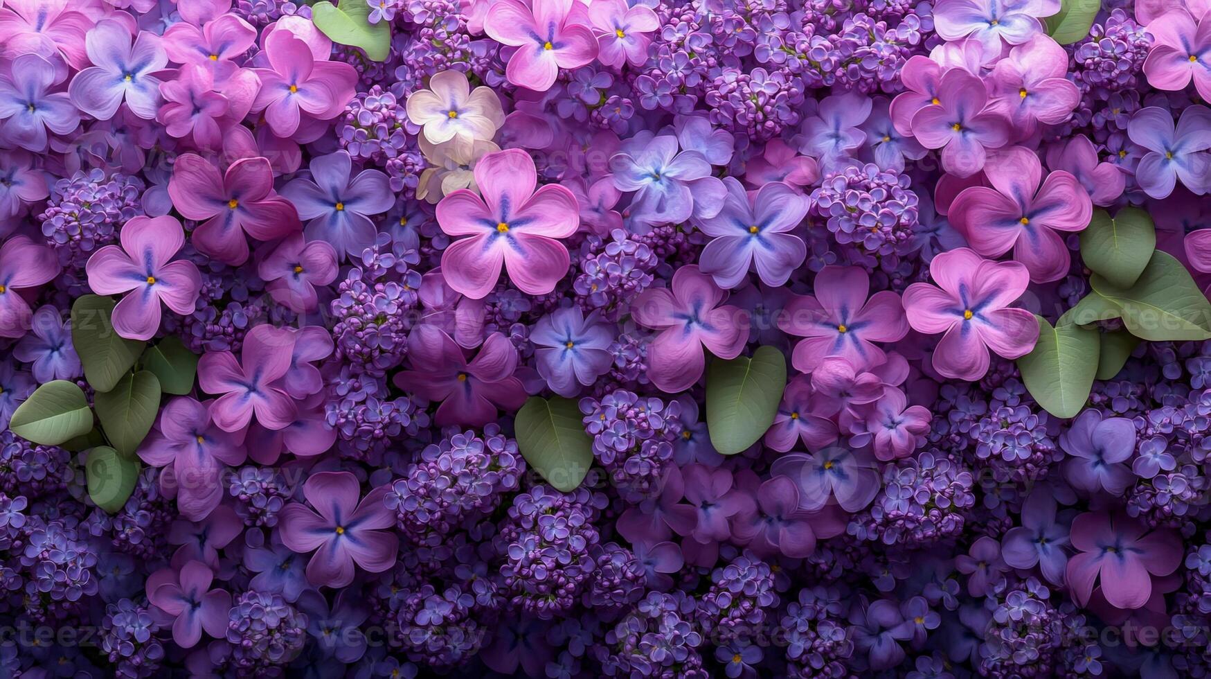 A charming wall of lilac blossoms densely studded with various shades of purple and lavender form a gorgeous floral backdrop photo
