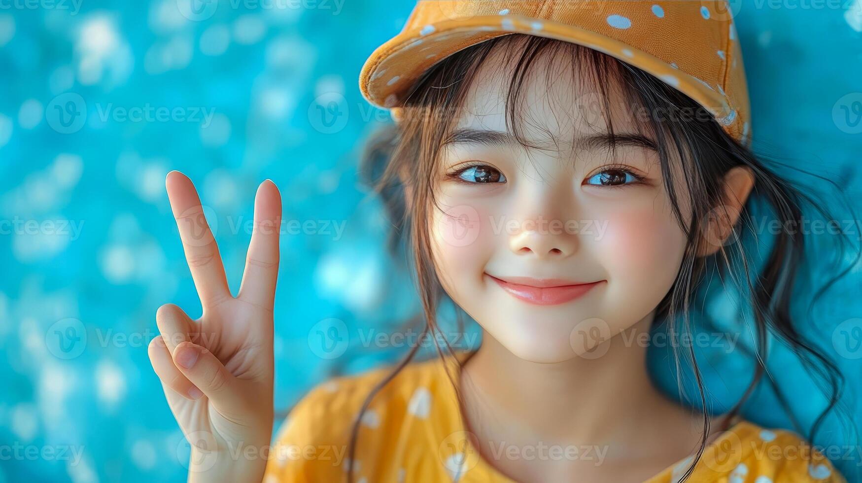 An Asian girl in a cap stands happy against a blue background photo