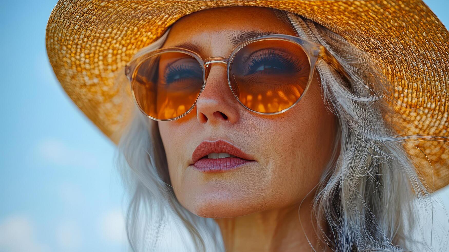 A cheerful retired woman with gray hair, wearing stylish sunglasses and a straw hat, enjoying the sunny day photo