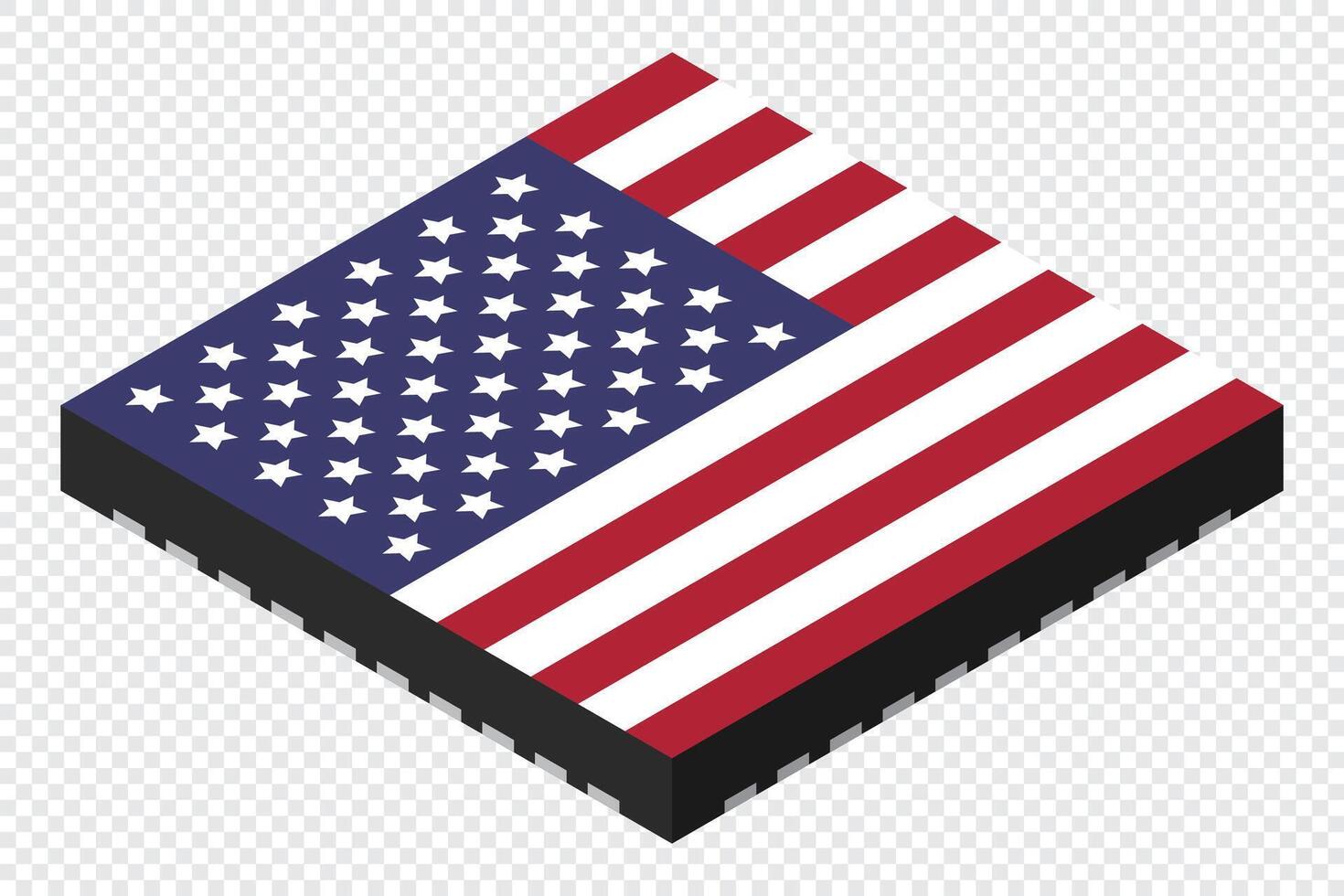 Microchip computer electronic component with USA flag. Microchip icon. Isometric microchip, Computer processor technology. Microprocessor, vector