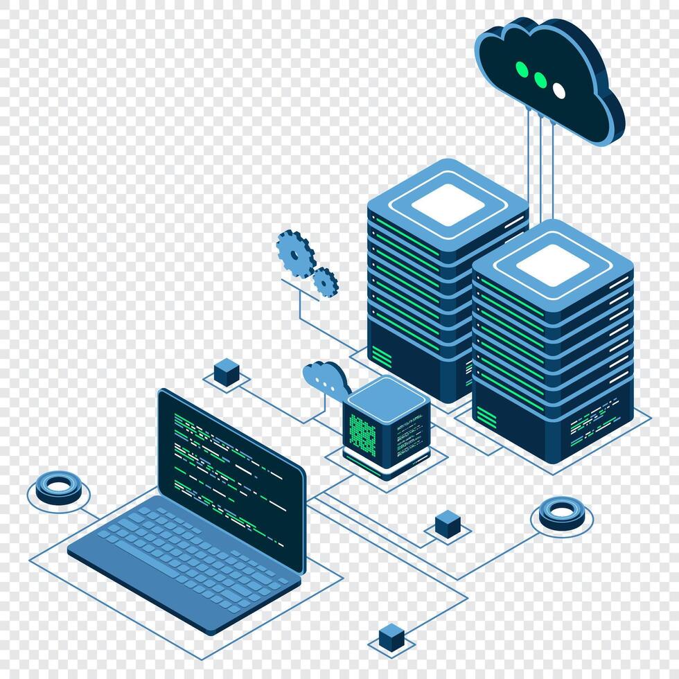 Computer technology isometric illustration. Computation of big data center. Cloud computing. Online devices upload and download information vector