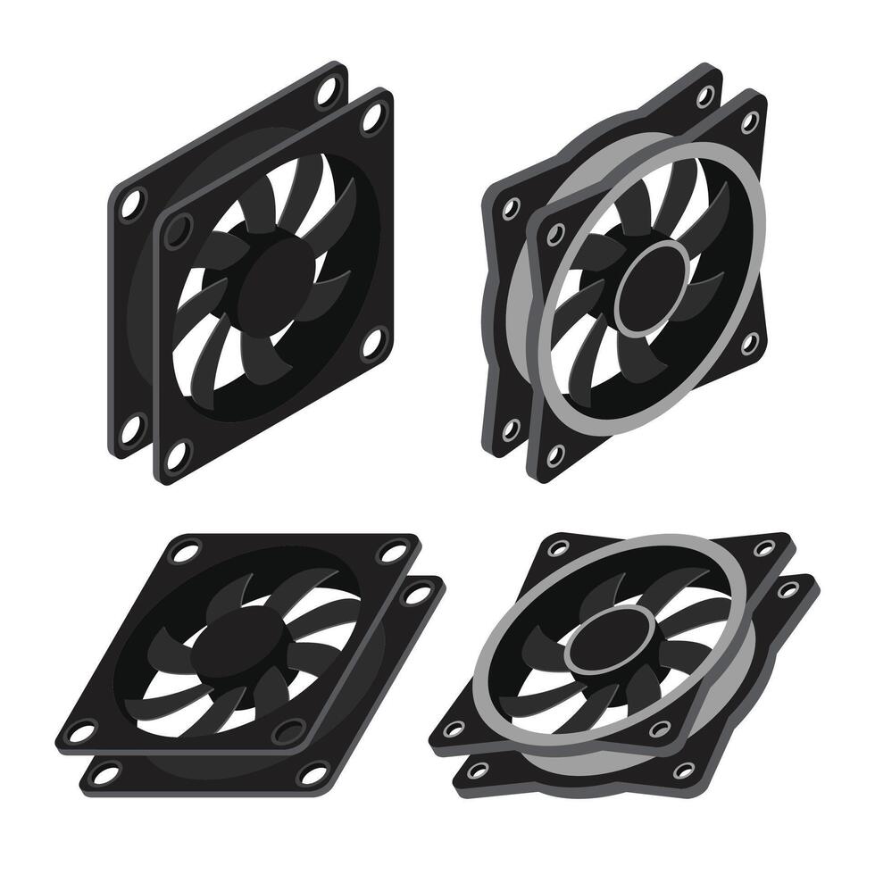 Set of isometric computer fan. Computer fan cooler. Isometric of PC case fan. Computer hardware components vector