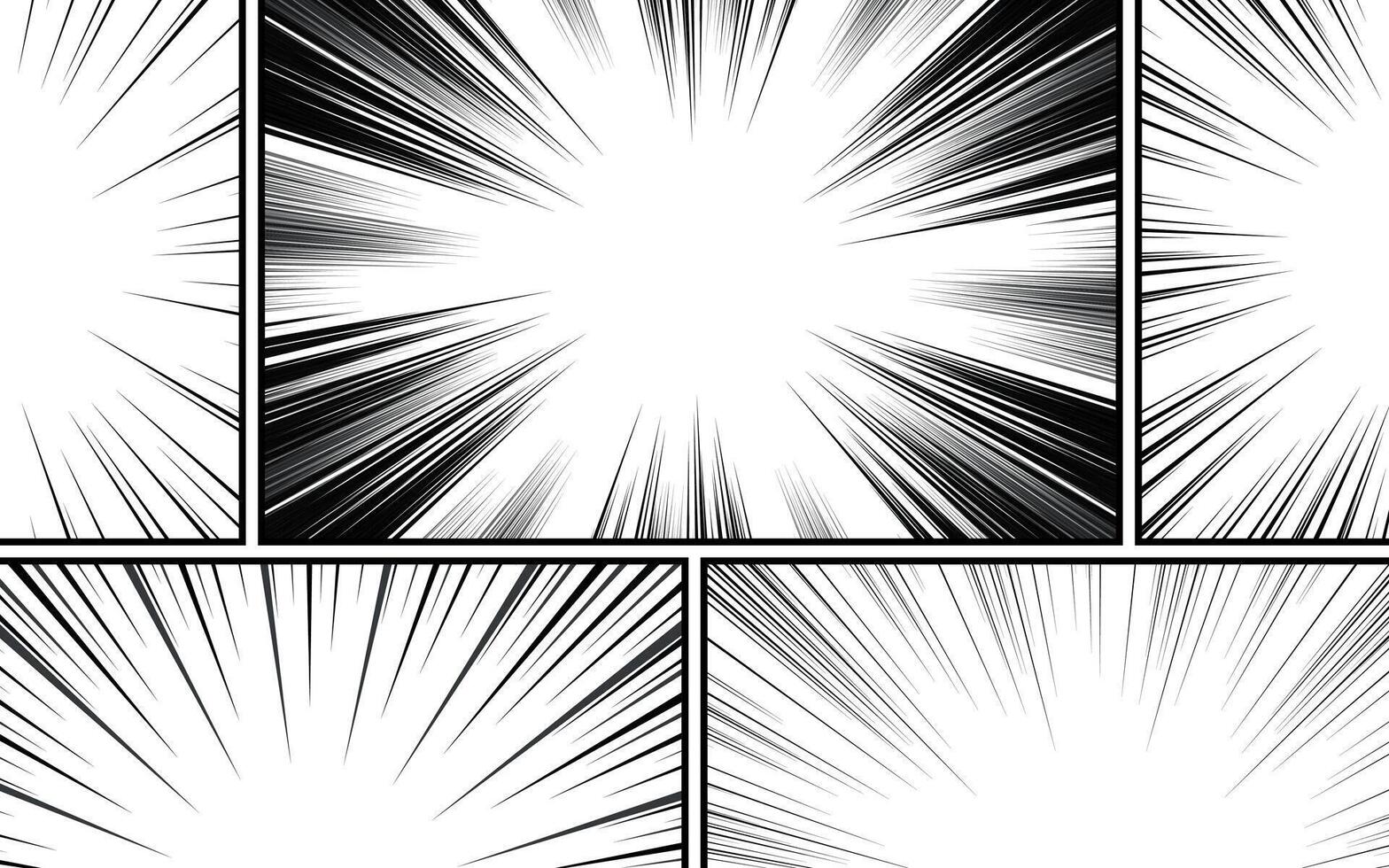 Comic book black and white radial lines collection. Cartoon comic background with speed motion lines. vector