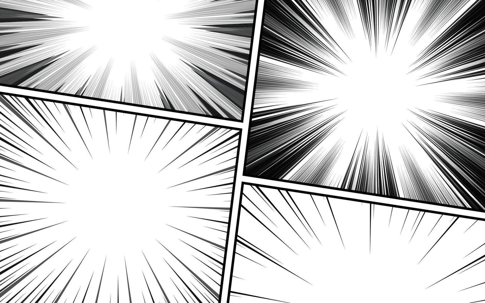 Comic speed lines, explosion pattern with dynamic motion lines. Black and white panels and empty comic book frames. vector