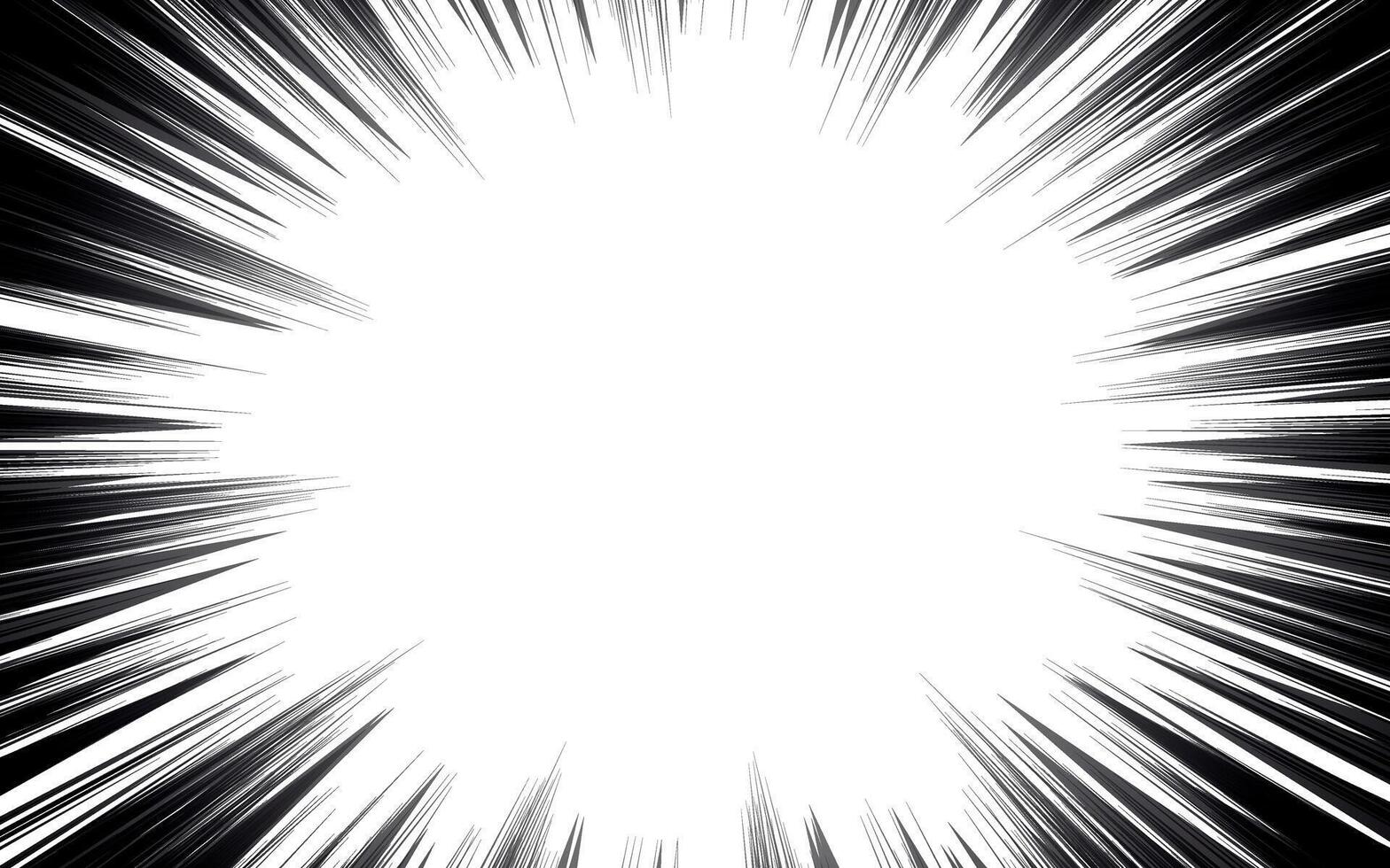 Manga background. Comic explosion, radial lines speed motion action effect. Anime comic book abstract frame with black pattern superhero action lines vector