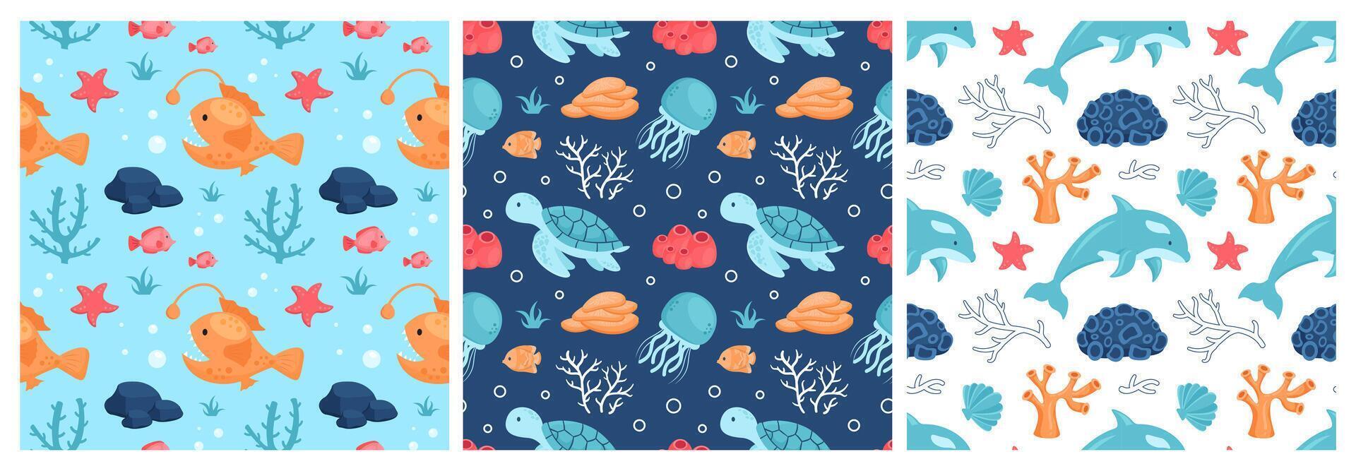 Flat Design Seamless Pattern of Ocean Creatures and Decorative Element vector