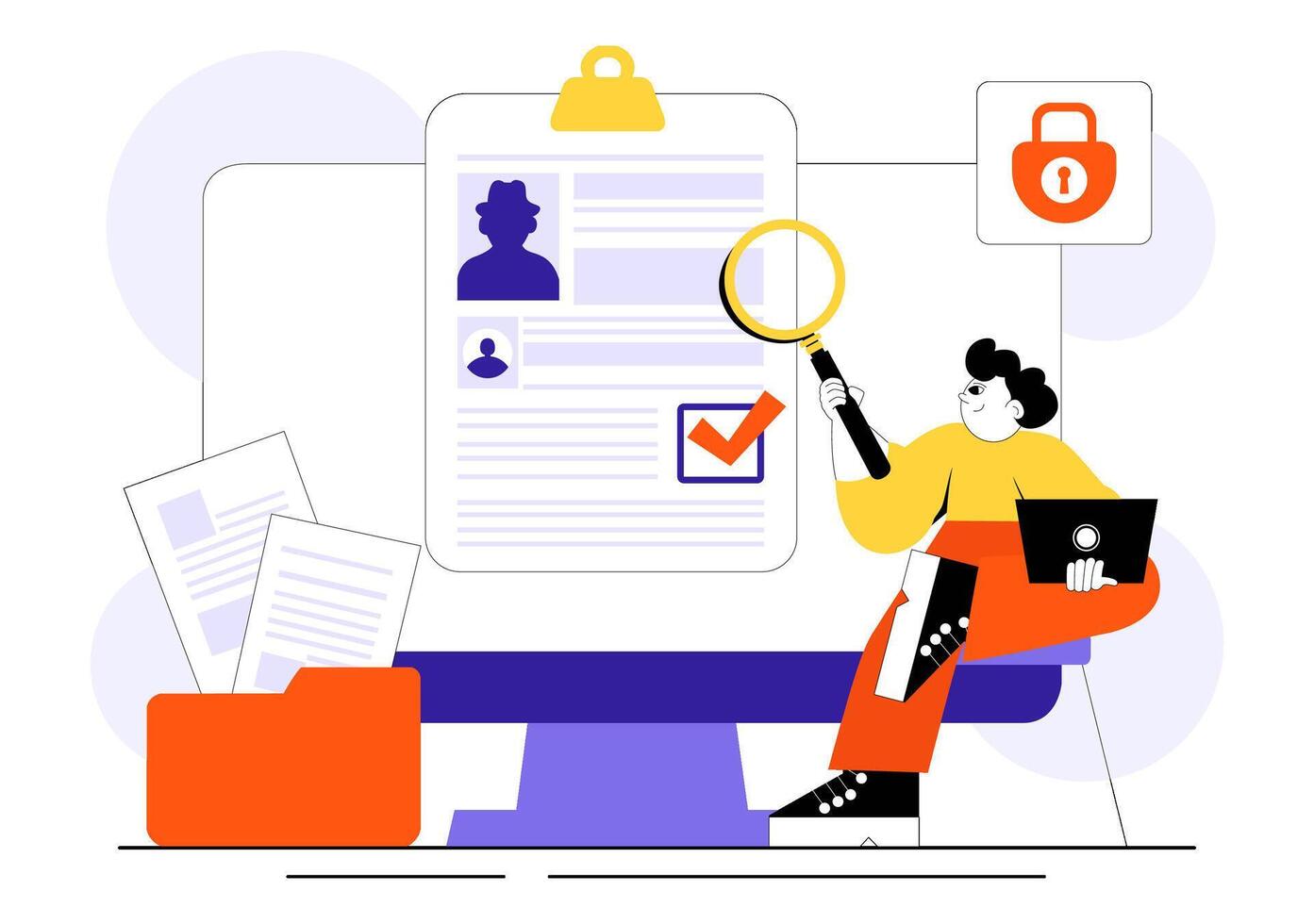 Employment Background Check Illustration with Magnifier Examining Candidate's Record vector