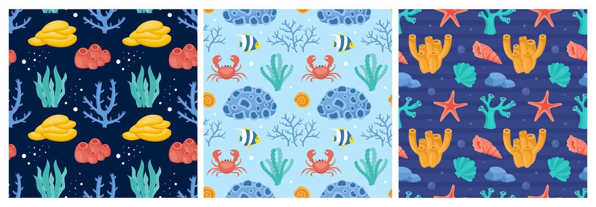 Flat Cartoon Ocean Pattern Featuring Decorative Sea Icons Seamlessly Repeated vector