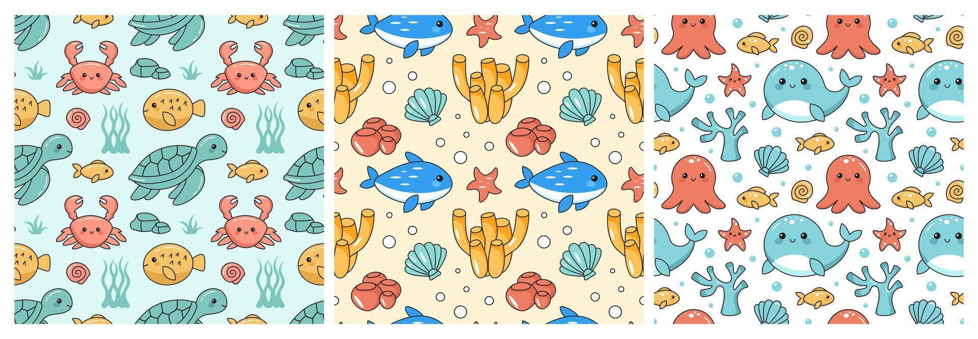 Under the Sea Seamless Pattern Featuring Flat Style Ocean Icons vector