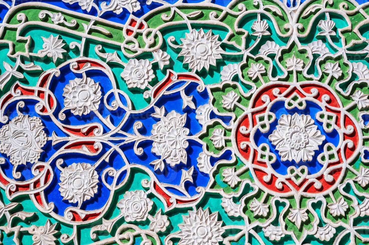 carved wooden painted background in Museum of Art of Uzbekistan with traditional Uzbek ornaments and oriental patterns in Tashkent photo