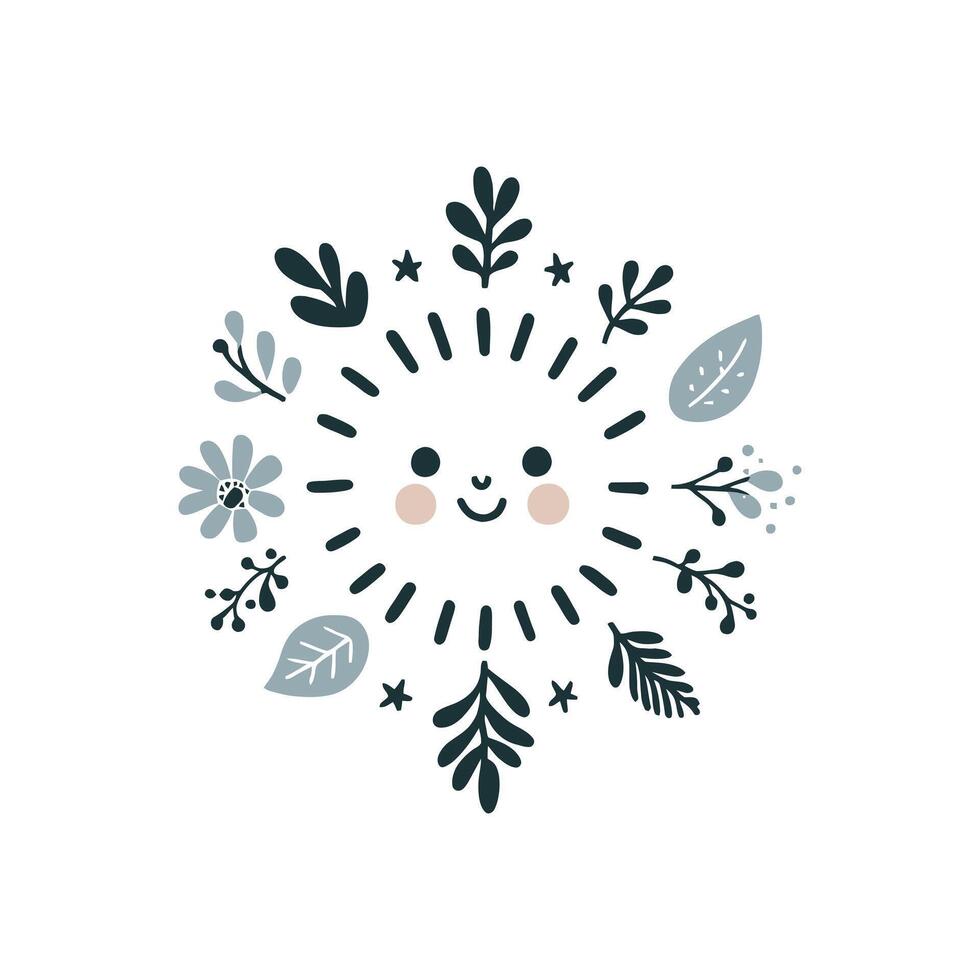 Smiling Cartoon Sun with Floral and Leaf Border in Soft Colors for Kids Room Wall Art Illustration vector