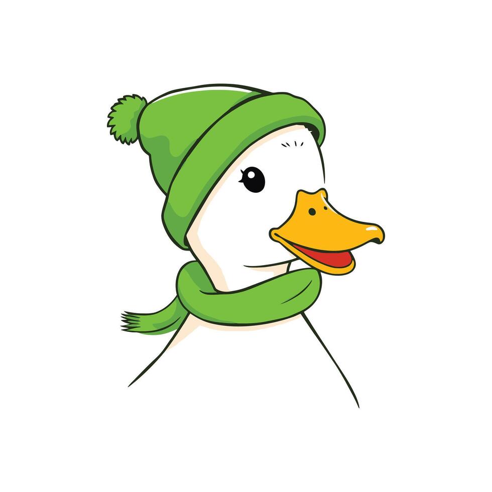 Cute Cartoon Baby Duck with Big Eyes in a Green Winter Hat and Warm Scarf Isolated on White Background Perfect for Childrens Books and Apparel vector