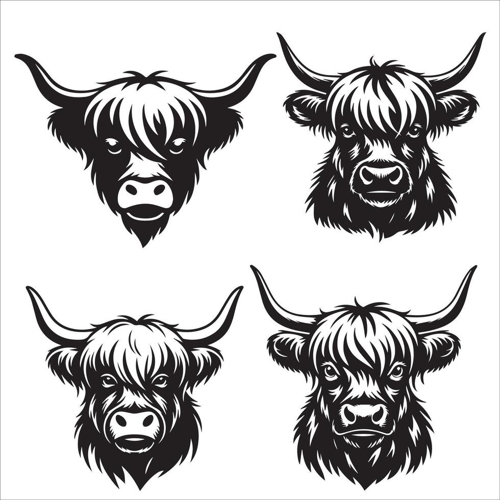 Wild Fringe Highland Cow Silhouette Art Set vector