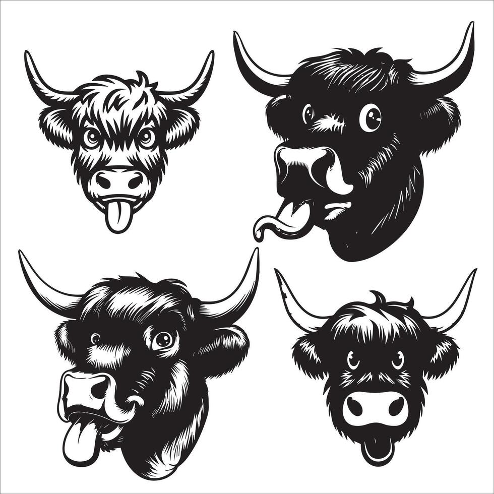 Funny Highland Cow Face with Tongue Design Set vector