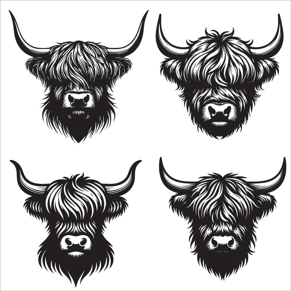 Frontal View Highland Cow Design Set vector