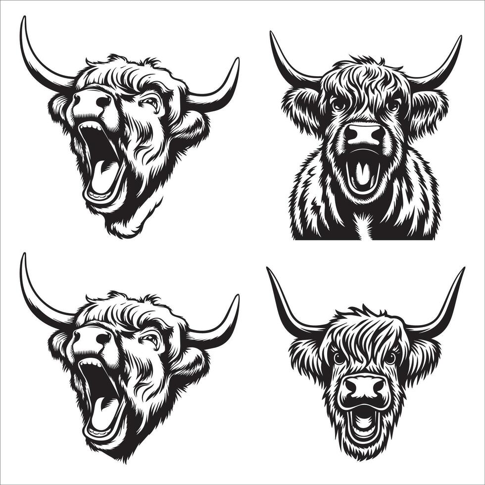 Yawning Highland Cow Outline Drawing Set vector