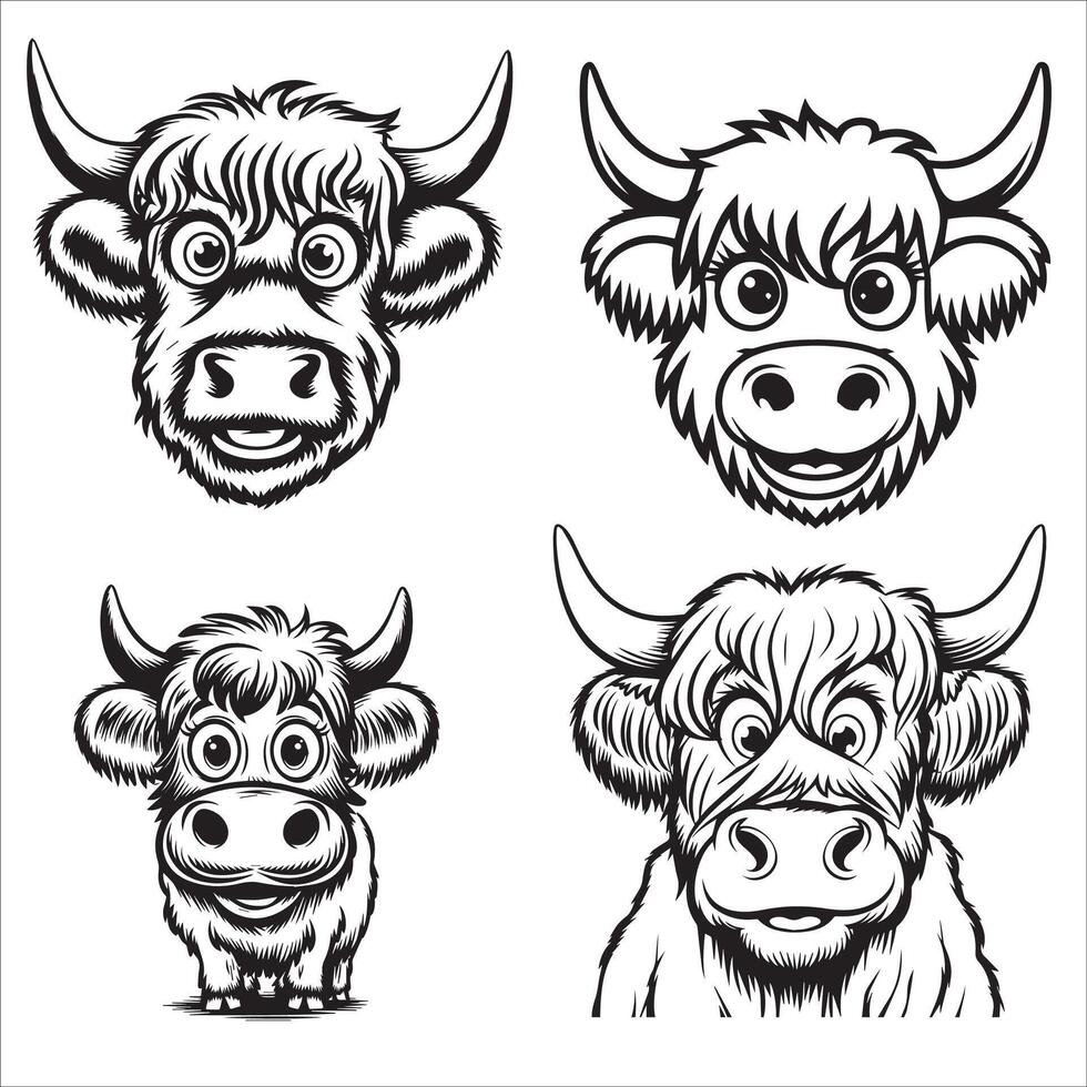 Smiling Highland Cow Cartoon Style Set vector