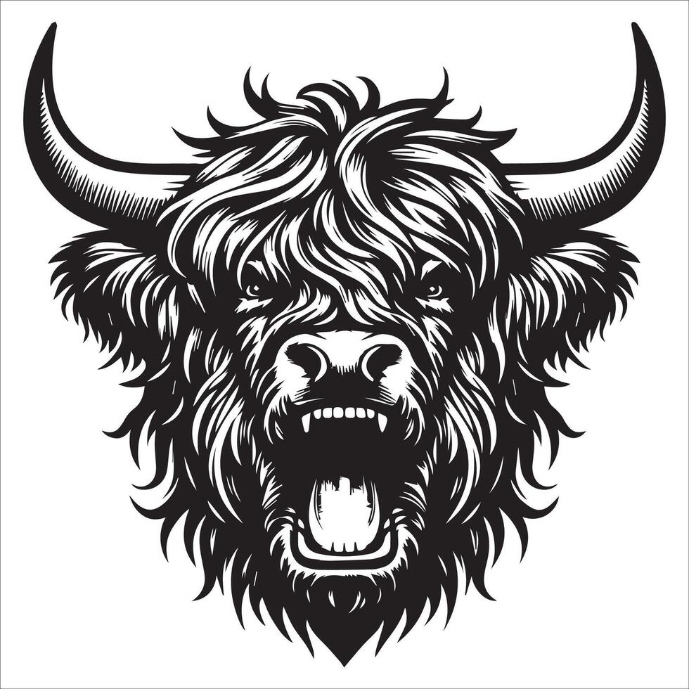 Bold Highland Bull with Roar Silhouette vector