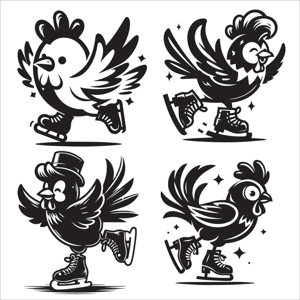 Skating Chicken Silhouette Design Set vector