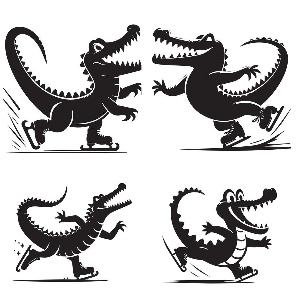Skating Crocodile Silhouette Design Set vector
