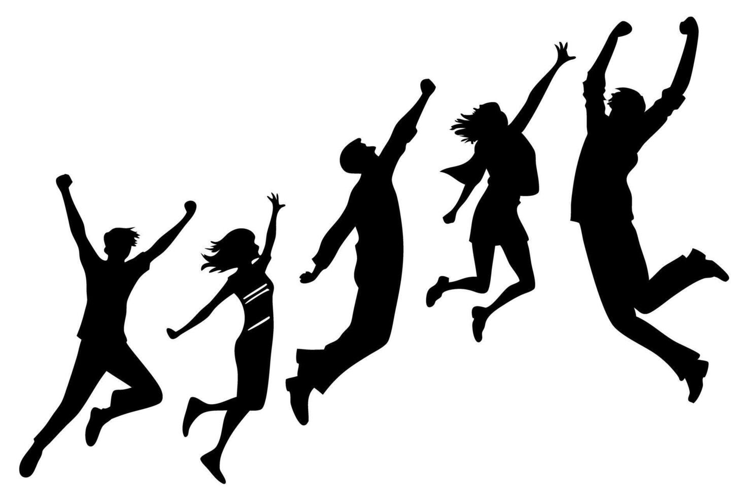 Graduation celebration silhouettes of young people jumping in air with caps flying, symbolizing achievement and joy vector