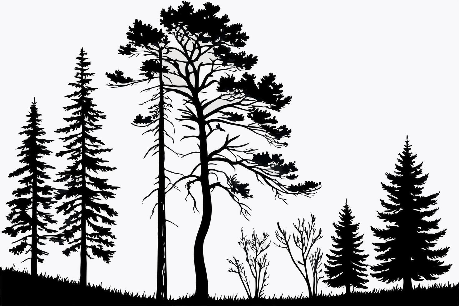Black silhouette of nature trees in a modern art style, perfect for environmental or minimalist designs vector