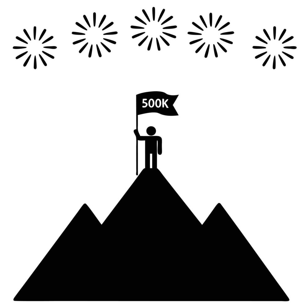 Epic moment as a person stands on top of a mountain with fireworks celebrating 500K milestone views followers subscribers vector