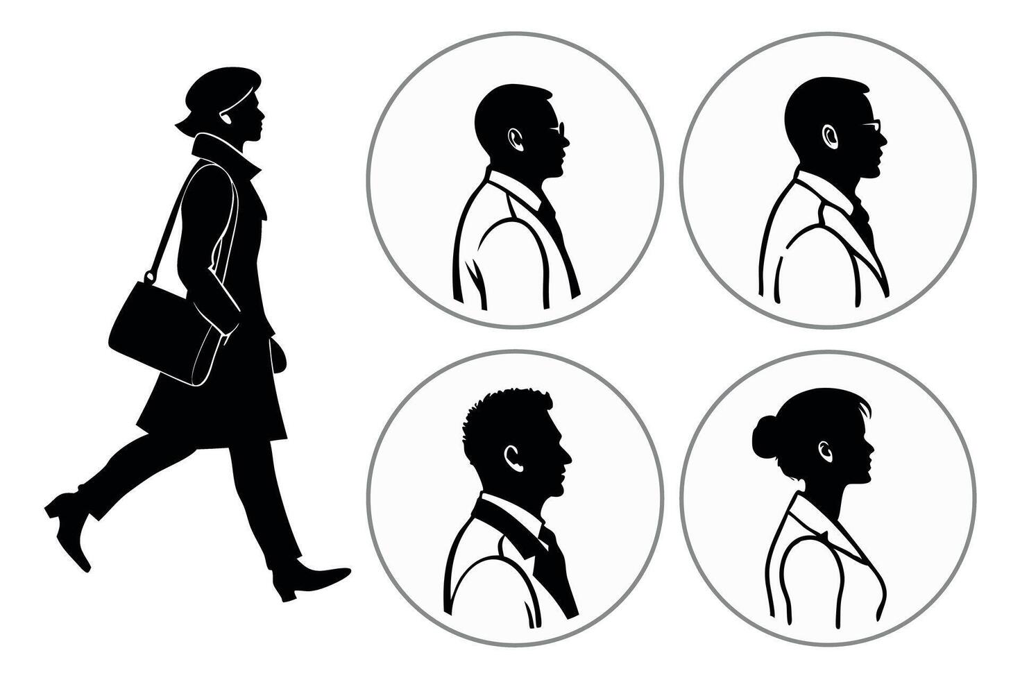 Silhouette business avatar portraits of professionals in profile and frontal views, usable for corporate branding or contact info vector