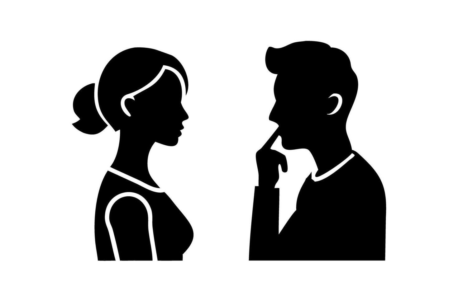 Minimalist black and white silhouette of a man and a woman communicating silently through their expressions and gestures vector