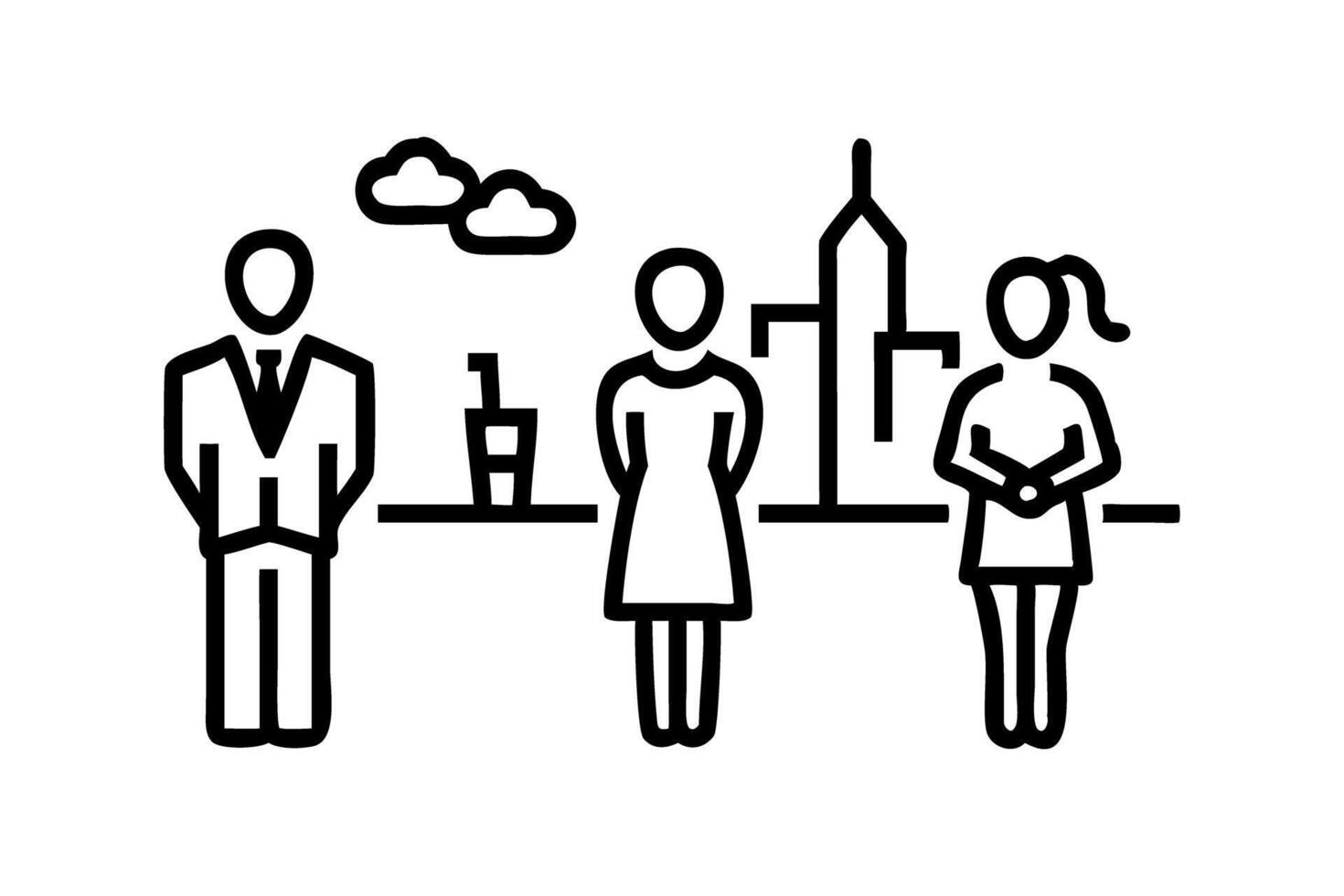 Urban professionals interacting at evening event with drinks and modern cityscape background in black and white silhouette design vector