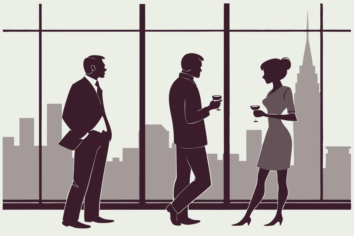 Sophisticated social gathering of city professionals chatting with drinks at elegant rooftop lounge in stylized illustration vector