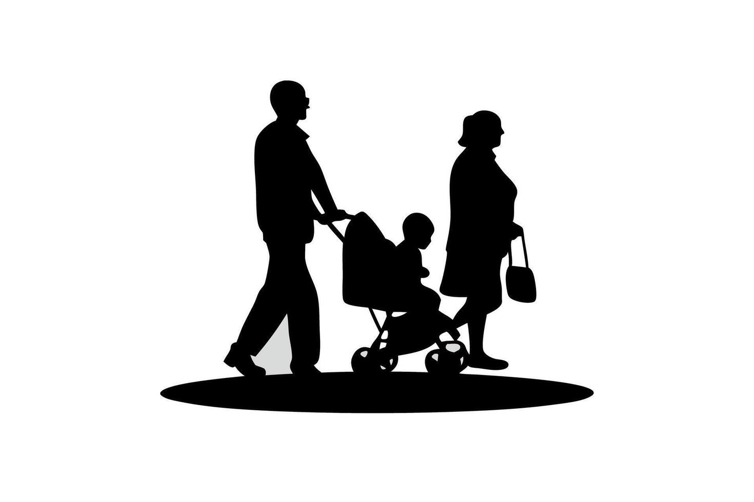 Silhouette illustration of a family walking with stroller, depicting parenting, care, and outdoor activity in a minimal style vector
