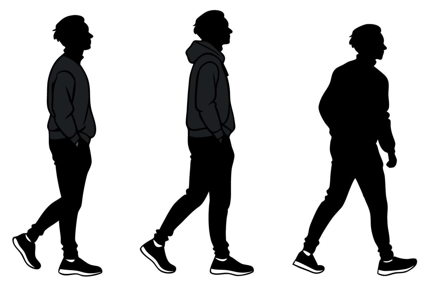 Side view silhouettes of young men walking and standing, casual fashion, black and white style, hoodie and sneakers outfit vector