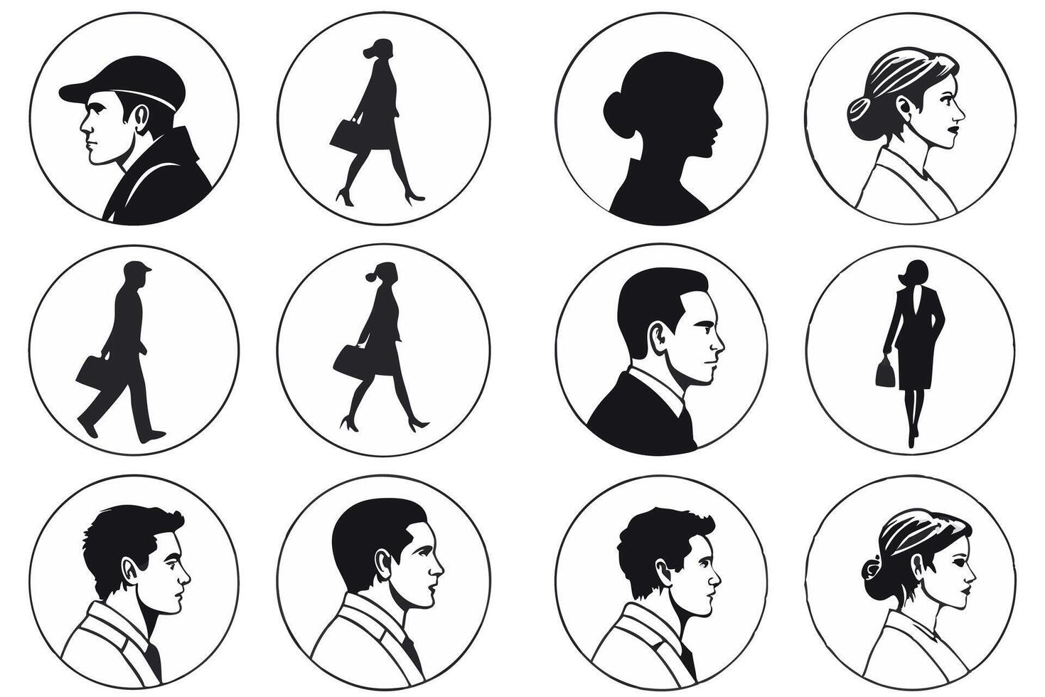 Round profile icons featuring men and women in business suits, ideal for interface elements, apps, or websites vector
