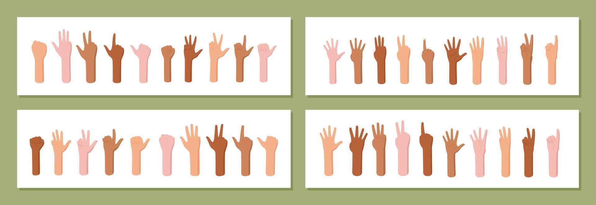 Cartoon flat hand count gesture set with fingers counting numbers. Collection features isolated palm positions, ideal for education and math concepts in a fun style. vector