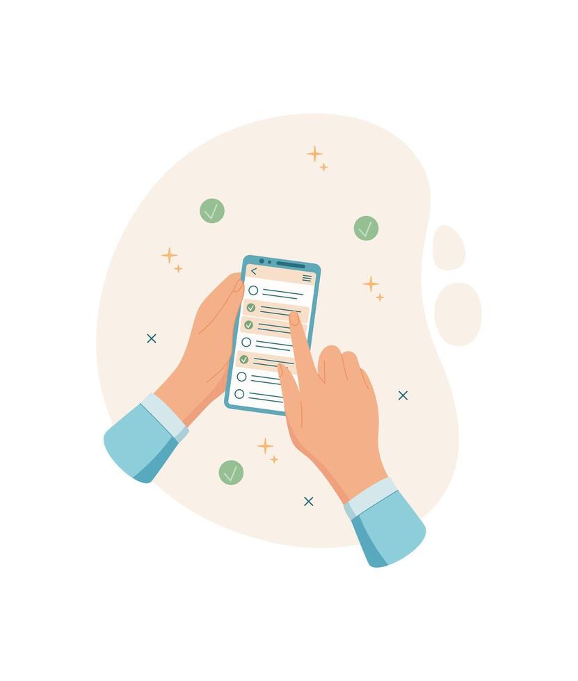 A hand holds a mobile phone displaying a to list app. A user interacts with the app on the screen using finger. This digital application features checklist format for effective task management. vector