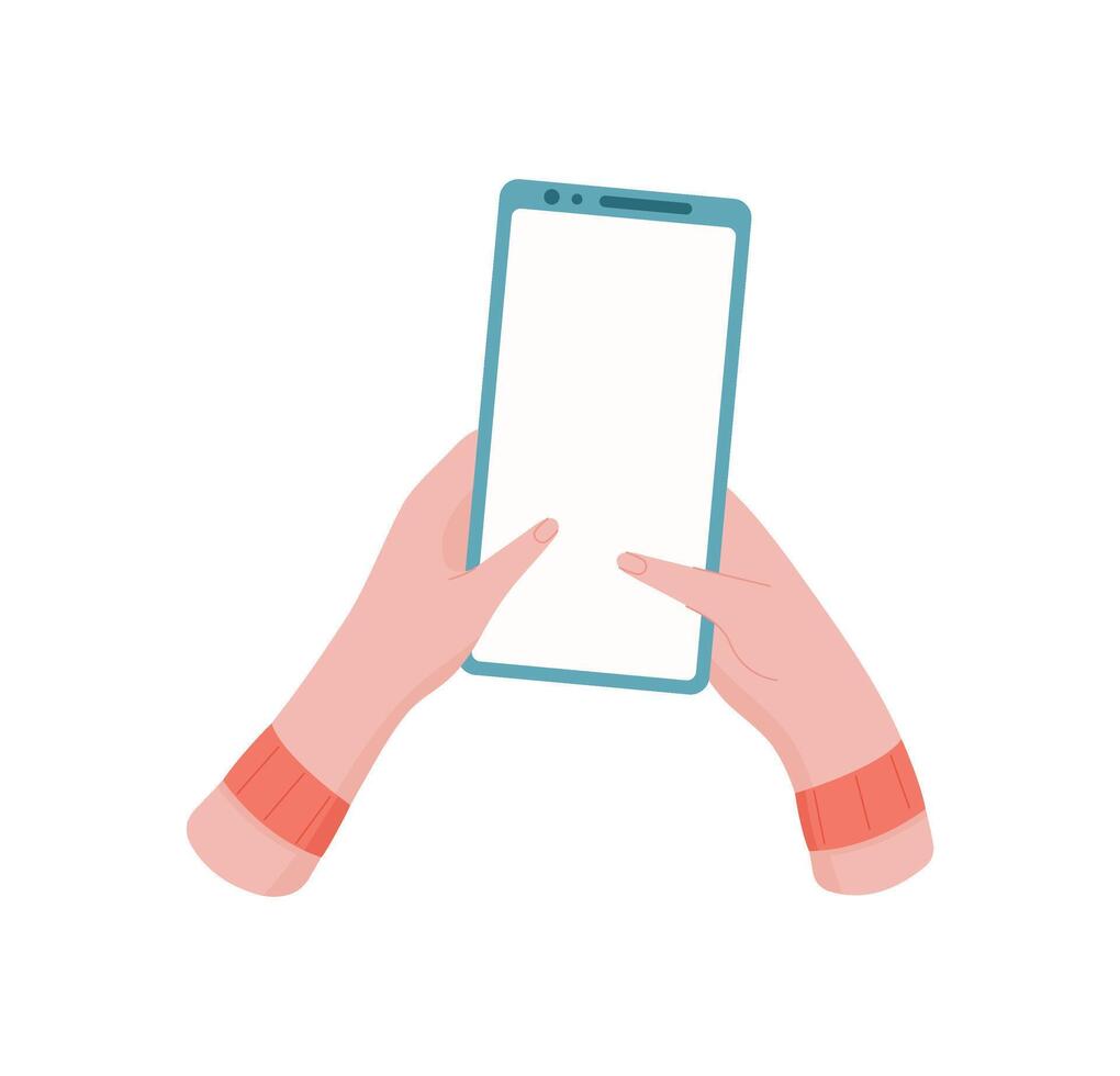 A hand holds a smartphone featuring a blank screen. The user displays mobile phone with an empty template. This smartphone represents modern technology and digital communication, flat colors, perfect vector